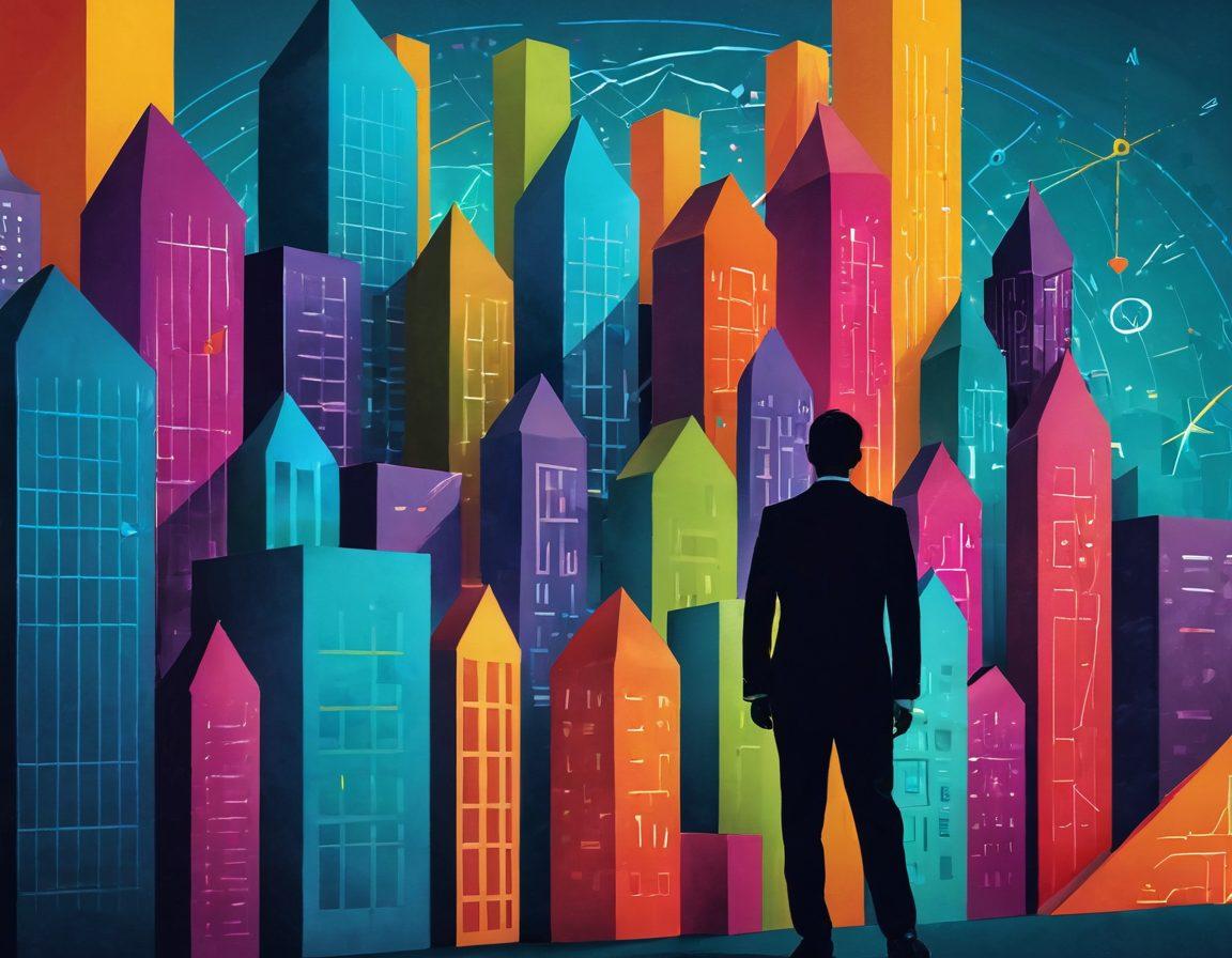 A dynamic city skyline with a blend of residential buildings and skyscrapers, intertwined with a maze-like pathway made of house keys. In the foreground, an elegant silhouette of a person holding a compass, symbolizing guidance in real estate decisions. Vibrant colors to represent opportunity and growth, and a subtle overlay of charts and graphs to indicate market insights. super-realistic. vibrant colors. 3D.