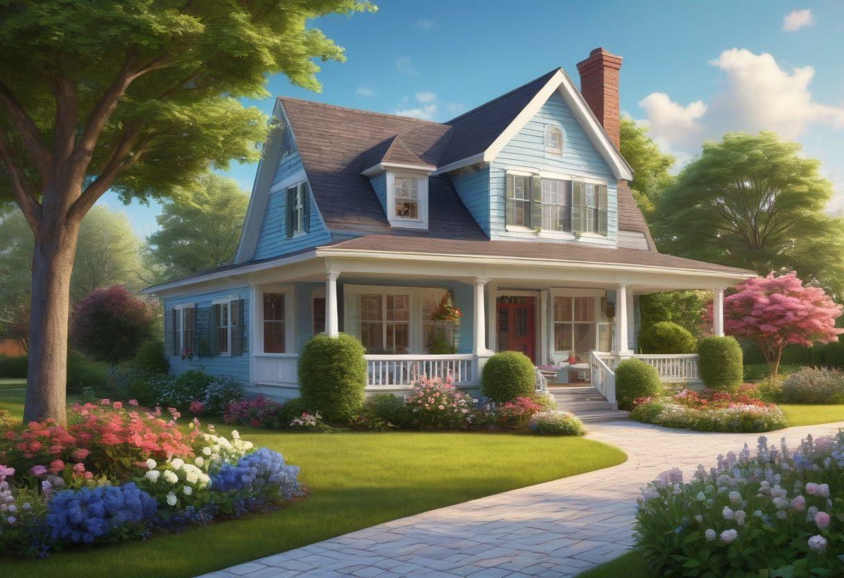 A serene suburban landscape featuring a charming house with a welcoming front porch, surrounded by blossoming flowers and lush greenery. Incorporate a family happily discussing their dream home in the foreground, with a symbolic key in hand. The background should have a bright blue sky with fluffy clouds, radiating hope and possibility. super-realistic. vibrant colors. 3D.