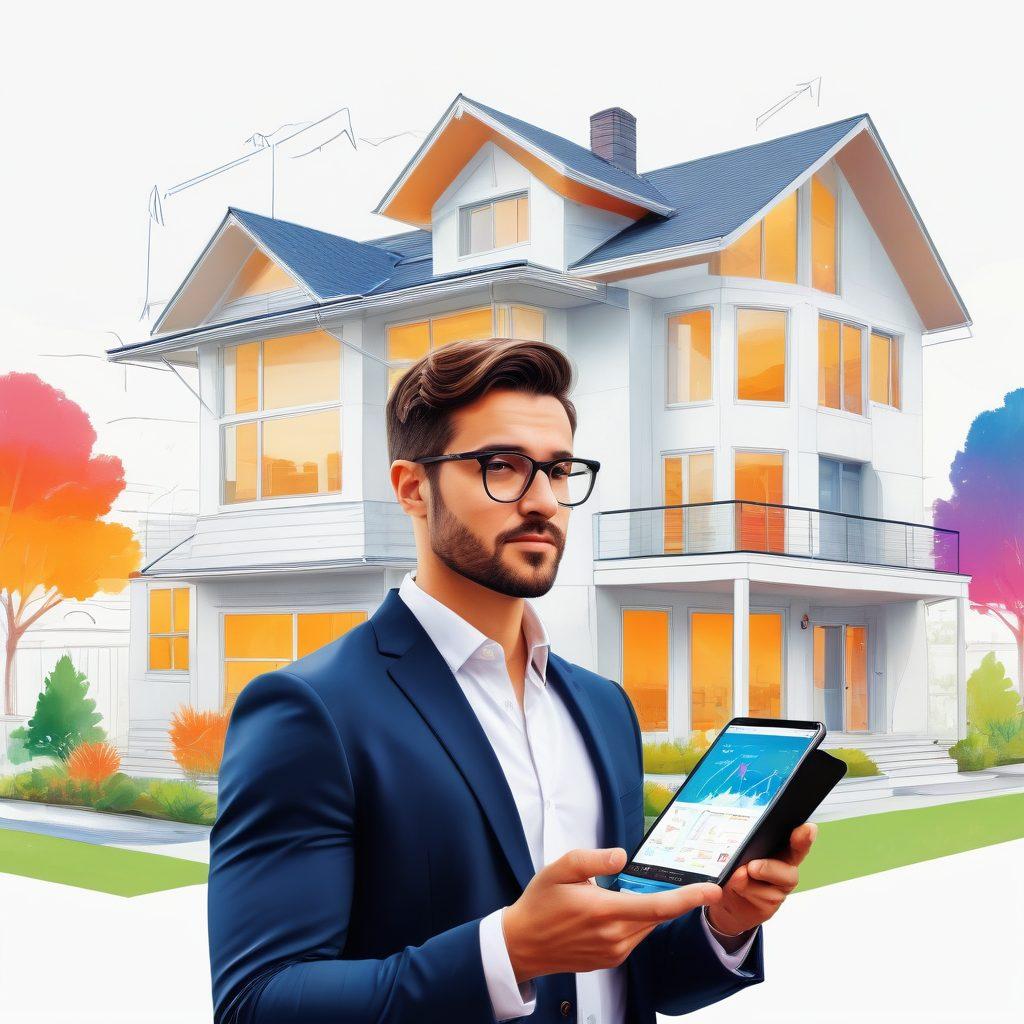 A dynamic, illustrated playbook with vibrant pages showcasing keys, houses, and real estate graphs. In the background, a confident realtor stands in front of a stylish house, using a smartphone to show data insights. The whole scene should radiate energy and innovation, reflecting the hustle of the housing sector. modern illustration. vibrant colors. white background.